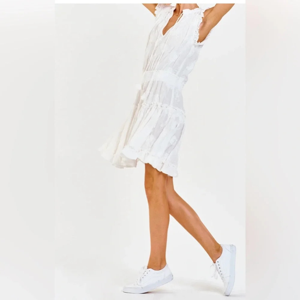 DEAR JOHN MELODIE TIERED RUFFLE DRESS PEARLED IVORY FLORAL EMBROIDEY  XS 1307 - Picture 3 of 14